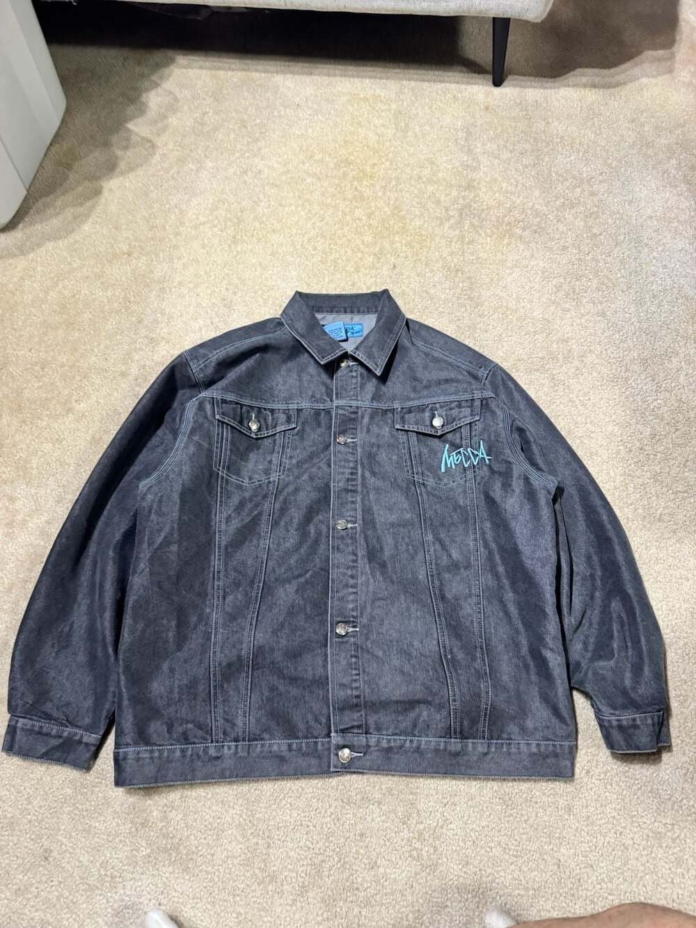 Vintage Mecca Jeans Denim Jacket Black Embroidered Logo Size XL